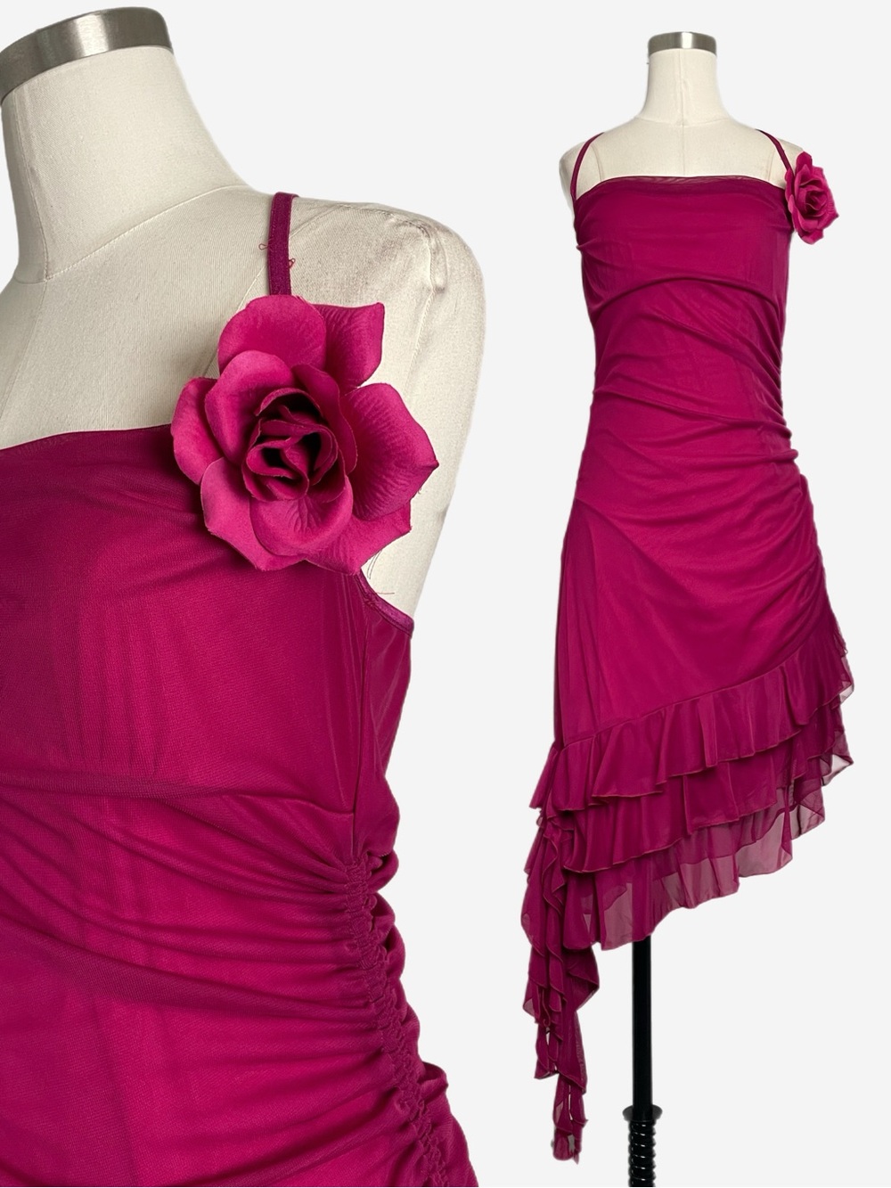 Vintage Y2K XOXO pink mesh asymmetric ruffle ruched mini dress 3D floral fairy M